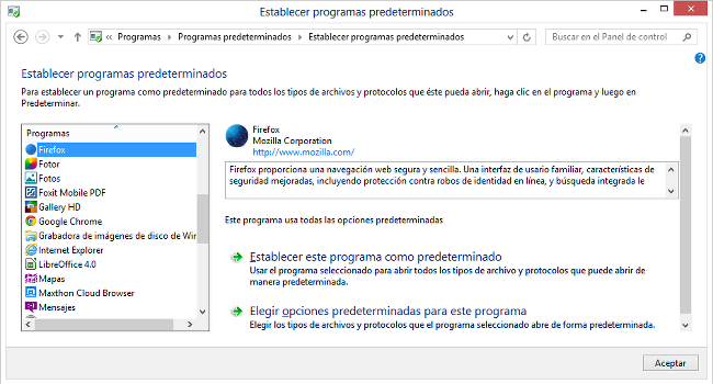 establecer programas predeterminados en Windows 8