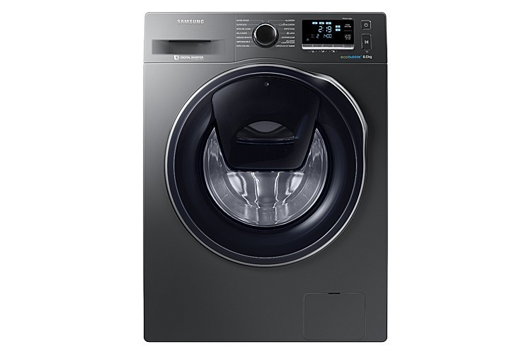 La elegante lavadora Samsung Addwash de la serie 6 y modelo WW80K6414QX EC está fabricada en acero inoxidable negro.